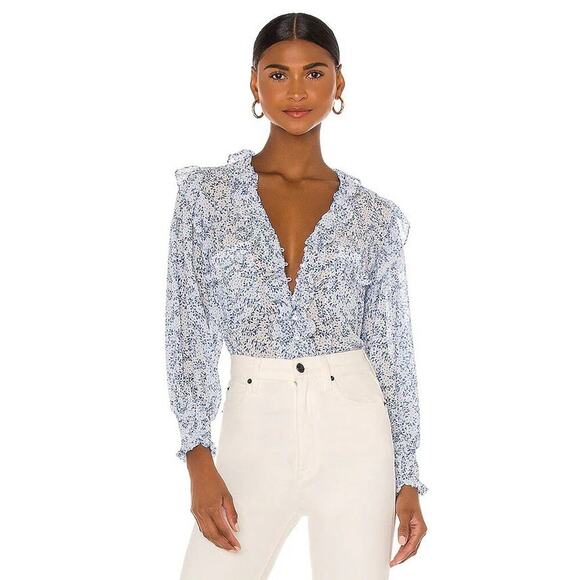 MISA Los Angeles Sacha Blouse in Blue Petals Size Small USA V-Neckline Ruffle - Picture 1 of 10